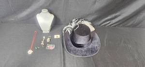 lot 27 image: Costume Hat with Feather, Necklace, Jewelry Display Stand, and Accessories