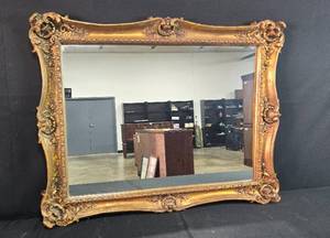lot 33 image: Large Ornate Gold Gilt Mirror with Decorative Frame 29x38 Inches