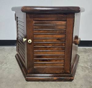 lot 37 image: Hexagonal Wood Side Table Cabinet with Louvered Doors 23x26x29 Inches