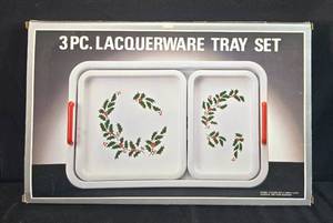 lot 41 image: 3-Piece Lacquerware Tray Set with Holly Design