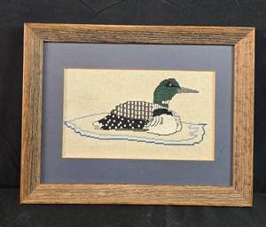 lot 42 image: Framed Cross Stitch Art Loon on Water 13.5x10 Inches