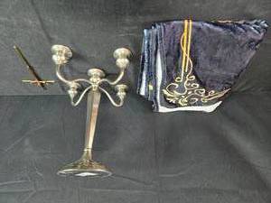lot 47 image: Religious Lot with Metal Crucifix, Metal Stand, and Decorative Fabric