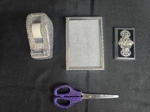 lot 56 image: Decorative Office Set with Rhinestone Scissors, Tape Dispenser, Frame, and Card Holder