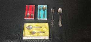 lot 61 image: Collection of Vintage Child and Baby Utensil Sets - Rogers, Oneida, Disney