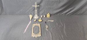 lot 63 image: Antique Religious and Ornate Metal Decor Collection Including Crucifix and Frame - one unassembled