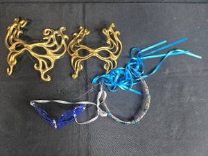 lot 73 image: Masquerade Party Mask Lot with Blue, Gold, and Ribbon Accessories