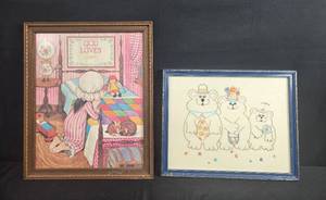 lot 80 image: Set of 2 Framed Needlework Art God Loves Robin Prayer and Bear Family Scene