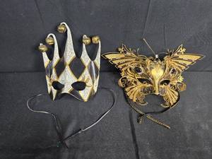 lot 85 image: Set of 2 Decorative Masquerade Masks with Jester and Butterfly Designs