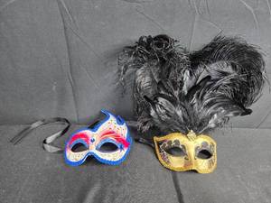 lot 86 image: Set of 2 Decorative Masquerade Masks with Feathers