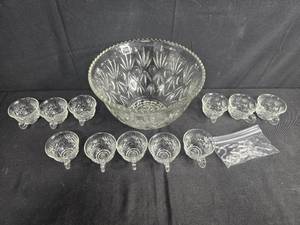 lot 92 image: Pressed Glass Punch Bowl Set with Cups and Hooks