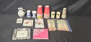 lot 107 image: Coalport China Pieces w Party Supplies Inc Cups, Napkins, and Chopsticks