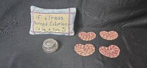 lot 112 image: Decorative Humor Pillow, Glass Trinket Jar, and 4 Heart-Shaped Coasters Set
