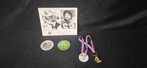 lot 114 image: Minnesota Sports Memorabilia Lot Pins, Medal, and Jim Langer Hall of Fame Photo