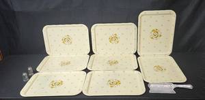 lot 118 image: Set of Vintage Serving Trays with Farberware Crumb Catcher and Glass Salt & Pepper Shakers