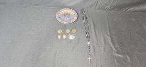 lot 119 image: Knights of Columbus Rosary, Paris Medals, Vietnam Plate, and Souvenir Coins Assortment