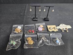 lot 130 image: Collection of Assorted Earrings including Dangle, Stud, and Hoop Styles - displays not inc