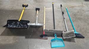 lot 153 image: Set of Assorted Garage Tools with Shovels, Brooms, and Dustpan