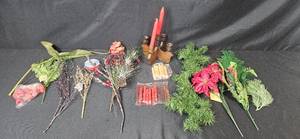 lot 144 image: Holiday Decor Lot with Artificial Florals, Candles, Wooden Christmas Trees, and Garland