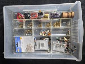 lot 173 image: Beading and Jewelry Making Supply Lot with Tray - Jump Rings, Swarovski Crystals, Cord, Assorted Beads