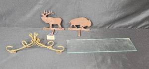 lot 212 image: Decorative Rustic Metal Wall Hooks with Animal Motifs and Glass Shelf