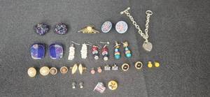 lot 224 image: Vintage and Modern Jewelry Lot with Earrings, Bracelet, Pins and Case