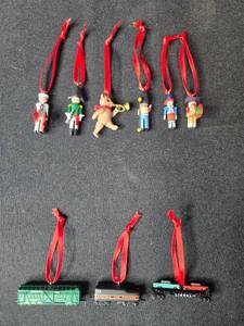 lot 264 image: Set of Vintage Miniature Christmas Ornaments Including Train Cars and Figures