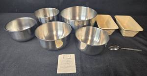 lot 278 image: Set of Stainless Steel Mixing Bowls with Ceramic Mini Loaf Pans and Spoon