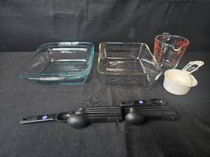 lot 282 image: Kitchen Bakeware and Measuring Set with Glass Dishes and Measuring Tools