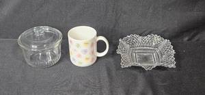 lot 289 image: Glass Candy Jar, Hallmark Conversation Hearts Mug, and Textured Glass Dish Set