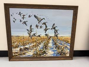 lot 1P image: Framed Duck Painting in Snowy Cornfield - Signed by John
