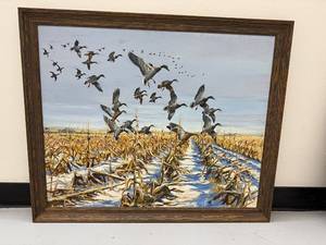 Framed Duck Painting in Snowy Cornfield - Signed by John