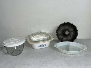 lot 33D image: Vintage Cookware Collection Corning Ware Dutch Oven, Pyrex Divided Dish, Bundt Pan, Pampered Chef Mixing Bowl