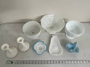 lot 36D image: Group of 8 Vintage Milk Glass and Art Glass Bowls, Dishes, and Candle Holders