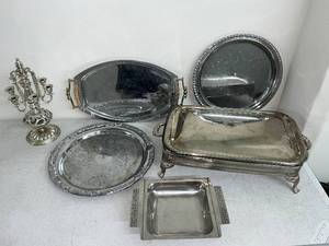 lot 41D image: Collection of Silverplate and Stainless Decorative Serving Pieces with Candelabra