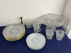 lot 50D image: Pressed Glass Dinnerware Set with Cups, Plates, and Cake Stand