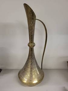 lot 3G image: Vintage Brass Etched Vase Pitcher with Long Handle - 22 Inch