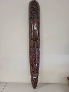 lot 5G image: Carved Wood Wall Mask with Tribal Motif, 40 Inches
