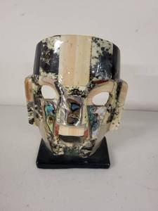 lot 6G image: Small Inlaid Stone Mayan Style Mask on Stand