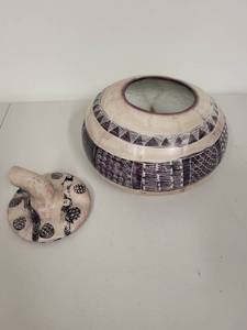 lot 7G image: Handcrafted Pottery Lidded Jar with Geometric and Textured Patterns