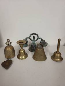 lot 20G image: Collection of 5 Vintage Brass and Bronze Bells with Ornamental Designs