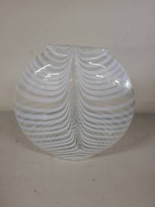 lot 28G image: Striped Art Glass Vase with White Swirl Design