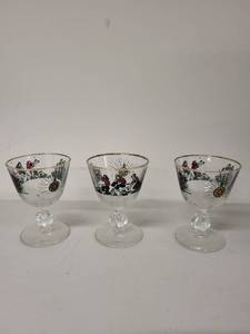 lot 33G image: Set of 3 Vintage Stemmed Glasses with Folk Art Motif