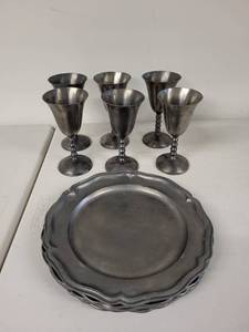 lot 36G image: Set of 6 Vintage Pewter Goblets and 6 Scalloped Plates