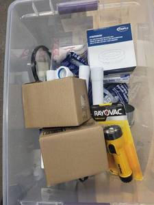 lot 19RC image: Assorted Plumbing Parts, Fittings, and Workhorse Flashlight in Storage Bin