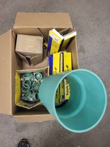 lot 22RC image: Box of BrassCraft Supply Kits and Green Pipe Clamps