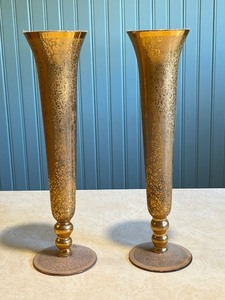lot 1C image: Pair of Vintage Brass Etched Vases with Floral Pattern