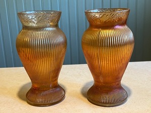 lot 2C image: Pair of Vintage Marigold Iridescent Glass Vases with Ribbed Pattern