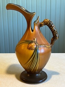 lot 5C image: Roseville Pottery Pinecone Ewer 7 Inch Brown Art Deco Vase