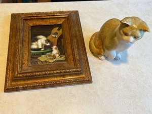 lot 6C image: Framed Cat Artwork and Ceramic Cat Figurine Set