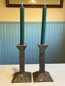 lot 7C image: Pair of Decorative Metal Candlesticks with Green Candles